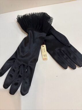 Women's Short Opera Satin Gloves Wrist Ruffle Black Dents US